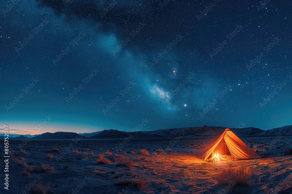 A lone tent sits in the middle of a vast desert