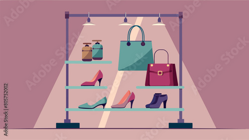 A rack dedicated to designer handbags and shoes gleaming under soft track lighting.. Vector illustration