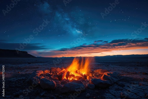 A beautiful shot of a campfire burning under a starry night sky