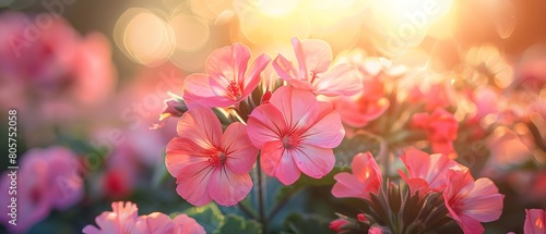 A cloes shot of vibrant pink Geranium flower with a blurry nature backdrop with space for text or product background  Generative AI.