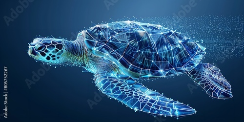 A sleek 3D graphic term with a wireframe light line framework and a turtle  in a low poly method layout over a blue geometric setting dark set and space  Generative AI.