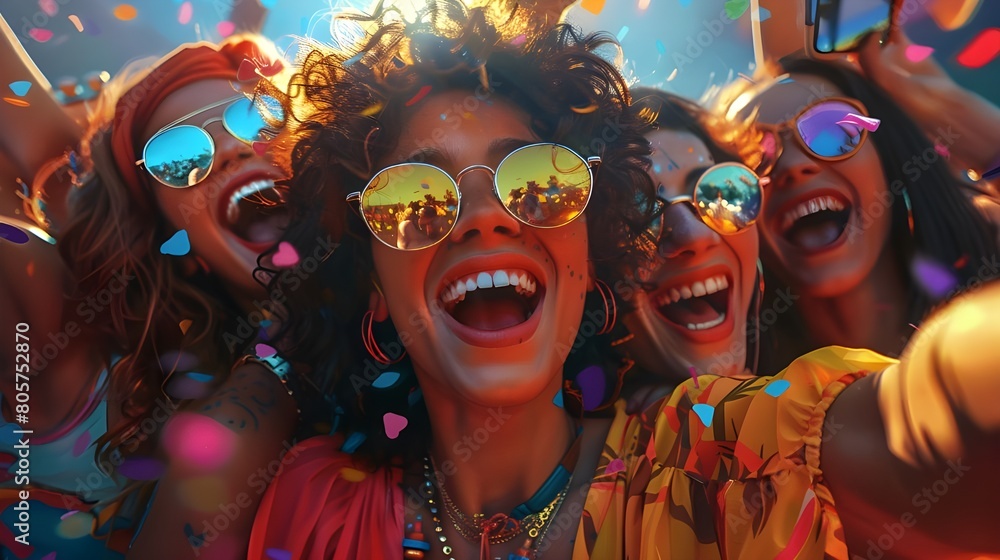 Happy young woman dancing at summer music festival, beach party, wearing colorful retro vintage 80's hippie outfit and sunglasses, flower child cool hipster, holiday maker having fun at concert. Happy young woman dancing at summer music festival, beach party, wearing colorful retro vintage 80's hippie outfit and sunglasses, flower child cool hipster, holiday maker having fun at concert.