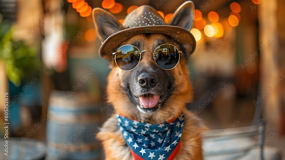 Happy dog with American flag 4th of july. Funny German Shepherd wearing fashionable sunglasses hat bandana, celebrating Independence Day, Memorial Day in USA, freedom and patriot concept banner flyer. Happy dog with American flag 4th of july. Funny German Shepherd wearing fashionable sunglasses hat bandana, celebrating Independence Day, Memorial Day in USA, freedom and patriot concept banner flyer.
