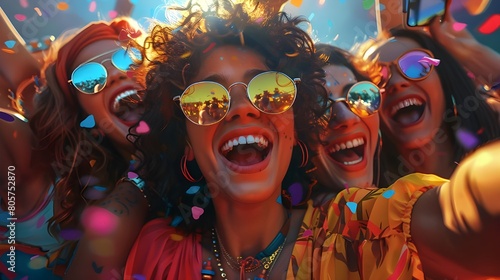 Group of friends taking a selfie shot at music festival. Their smiles are infectious as they huddle together, capturing memories amidst the pulsating lights and exhilarating music. photo