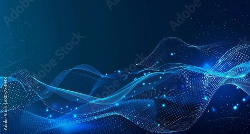 Blue background with dark blue digital waves and glowing dots for technology presentation