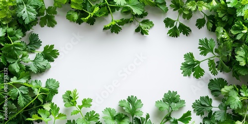 Lovely green herb bundle with coriander  a vegetable top off  and spice sprigs for seasoning set over a white setting soothing herbs and space  Generative AI.