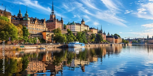 Beautiful View of the Famous Embankment in the Old Town of Stockholm in Summer. photo
