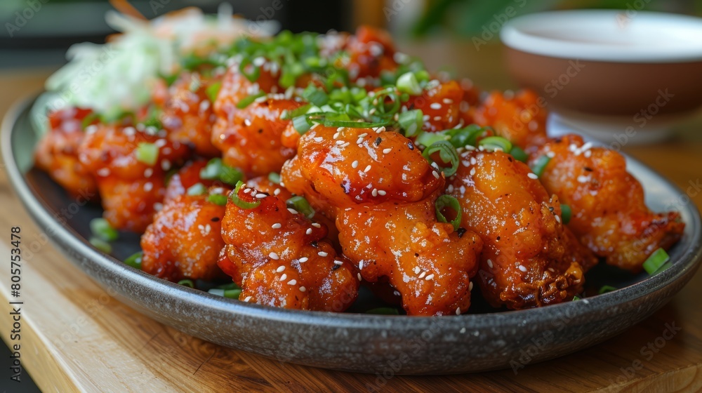 Korean fried chicken with spicy sauce, crispy and flavorful. Korean fried chicken with spicy sauce, crispy and flavorful.