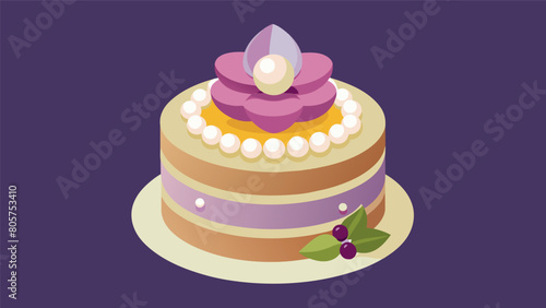 An elegant dessert adorned with edible flowers and pearls and featuring stacked layers with delicate etchings reminiscent of vinyl records. Vector illustration