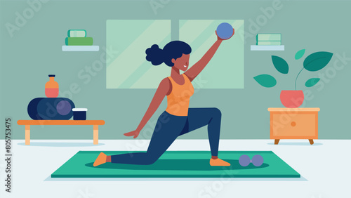 A person doing a pilates routine in their corner workout area with a plush mat and small weights within arms reach.. Vector illustration