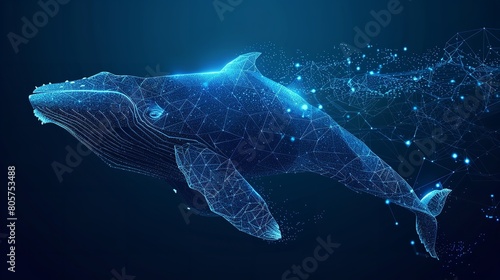 A sleek 3D graphic notion with a wireframe light line framework and a whale in a low poly method layout over a blue geometric setting dark set and space, Generative AI. photo