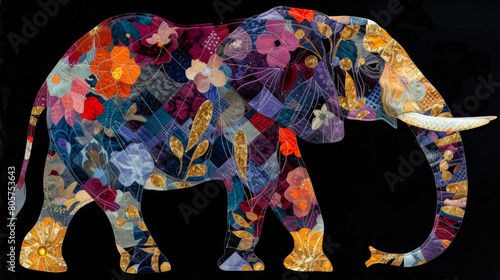 elephant in the art style of bold colors and quilted patterns, whimsical designs