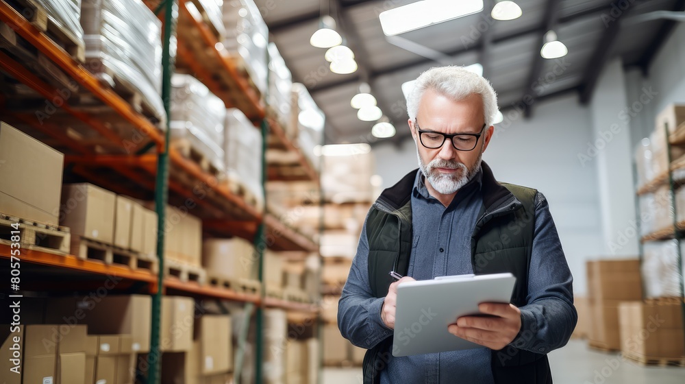 Meticulous accountant ensuring accurate record-keeping amidst the warehouse chaos. A middle-aged man stands in a warehouse with a tablet computer and checks the statements for the presence of goods