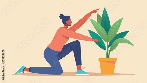 A person taking a break from work stretching and reaching to prune their tall dracaena plant using the moment as a way to stretch and relax their.