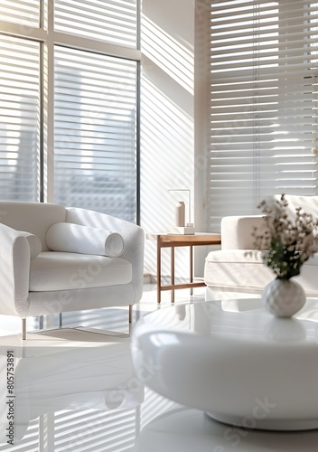Modern living room interior with a white sofa and armchair, a coffee table on a polished floor, a window with blinds behind © Safdar