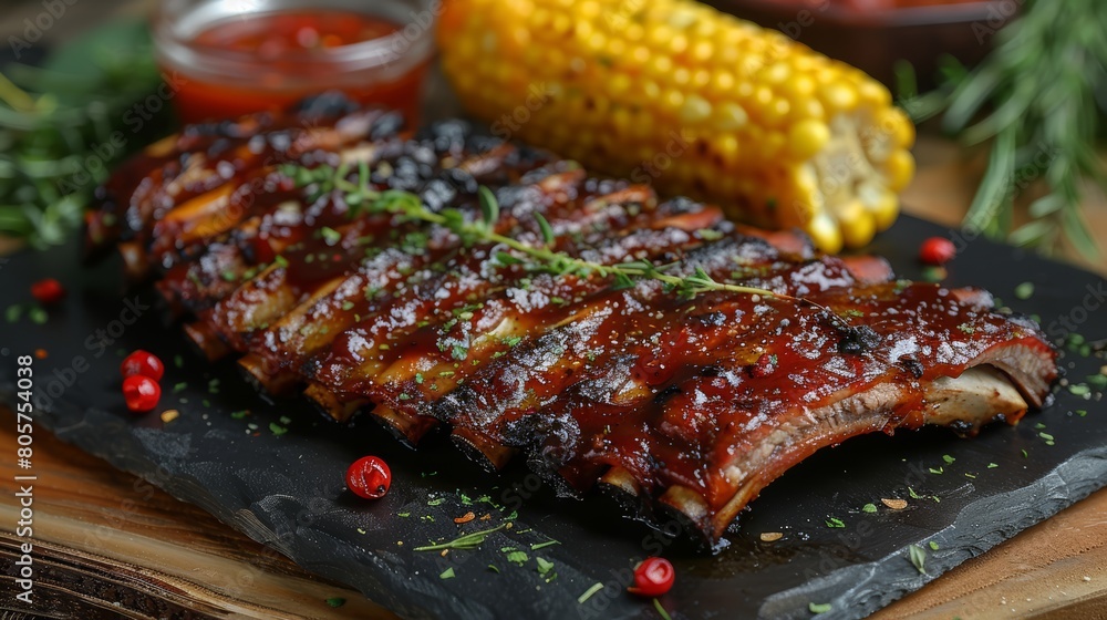 BBQ ribs platter with corn on the cob, messy and delicious. BBQ ribs platter with corn on the cob, messy and delicious.