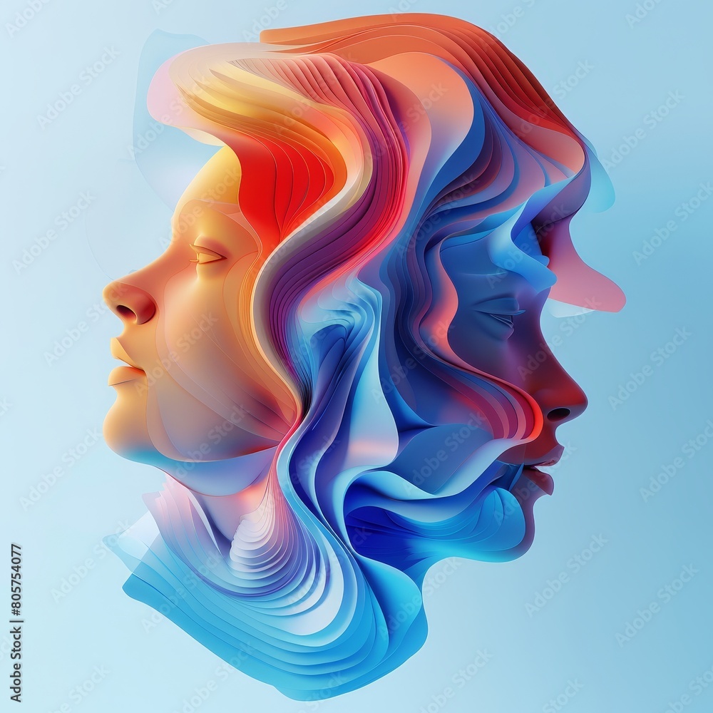A woman's face is shown in a blue and red swirl A woman's face is shown in a blue and red swirl