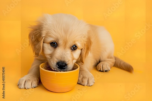 A portrait of retriever puppy dog eating food from a bowl against a yellow backdrop with a big space for text or product advertisement background, Generative AI.