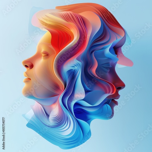 A woman s face is shown in a blue and red swirl
