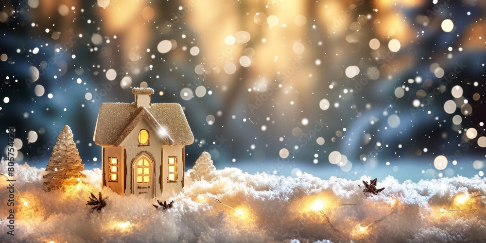 Fototapeta premium Christmas house in winter snowy forest. holiday Christmas ornament decoration, Copy space. banner and poster.