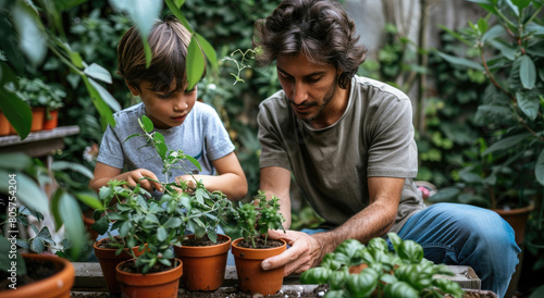 A father and son planting seedlings together in the garden, creating an moment of shared activity that symbolizes family connection and care for nature