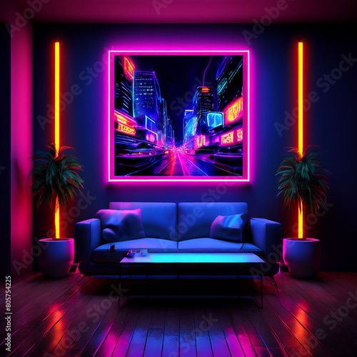 Design an artwork featuring vibrant neon lights agains