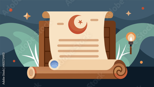 A scroll containing both Zen koans and Stoic aphorisms sits open on a wooden table inviting contemplation and reflection.. Vector illustration
