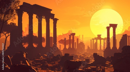 A desolate landscape with ruins and a large sun in the sky