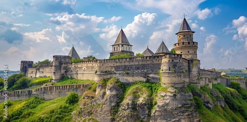 A large Eastern European fortress in the ancient city of Kamianets-Podilskyi on a sunny day. Location place Ukraine, Europe.