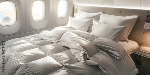  elaborate interior of a private jet room witha white bed and soft white pillows,  coostly room inside the jet so comfortable photo