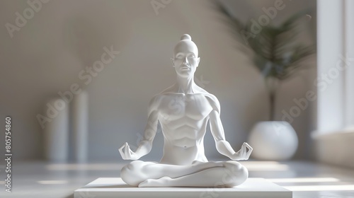 A 3D macro rendering of a human practicing yoga in a minimalist setting  capturing a peaceful and happy expression during a meditation pose