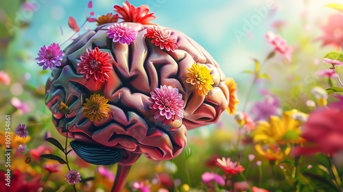 A 3D macro rendering of a human brain intertwined with blooming flowers, symbolizing mental well-being and happiness