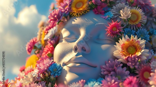 A 3D visualization of a happy  smiling human face where the mind visibly flourishes with a bouquet of colorful flowers
