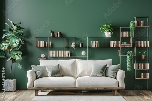 Sofa and bookcase near green wall. Scandinavian interior design of modern living room, home. Soft tone. photo