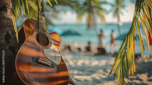 guitar leans casually against a palm tree, evoking the laid-back vibes of a summer vacation