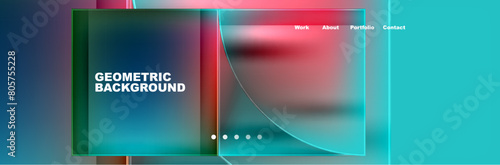 A geometric background featuring a gradient of red, blue, and green reminiscent of tints and shades. The colors evoke images of water, the sky, and electric blue