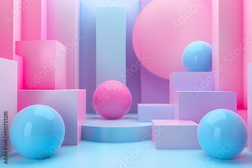 Modern geometric backdrop with a pale color scheme and room for a stage demonstrate comprised of smooth soft pastel shapes in 3d and space, Generative AI.