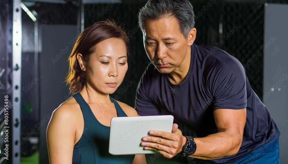 ジムでスポーツ女子をトレーニングするタブレットを持った男性コーチ
ジムでスポーツ女子をトレーニングするタブレットを持った男性コーチ