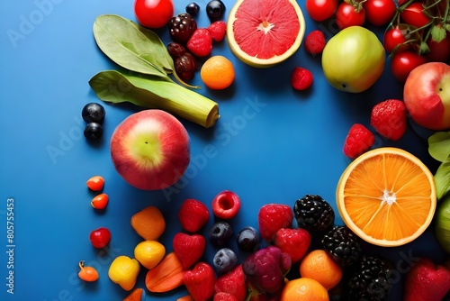 fruits and vegetables , assortment of fruits and vegetables on a blue background with copy space