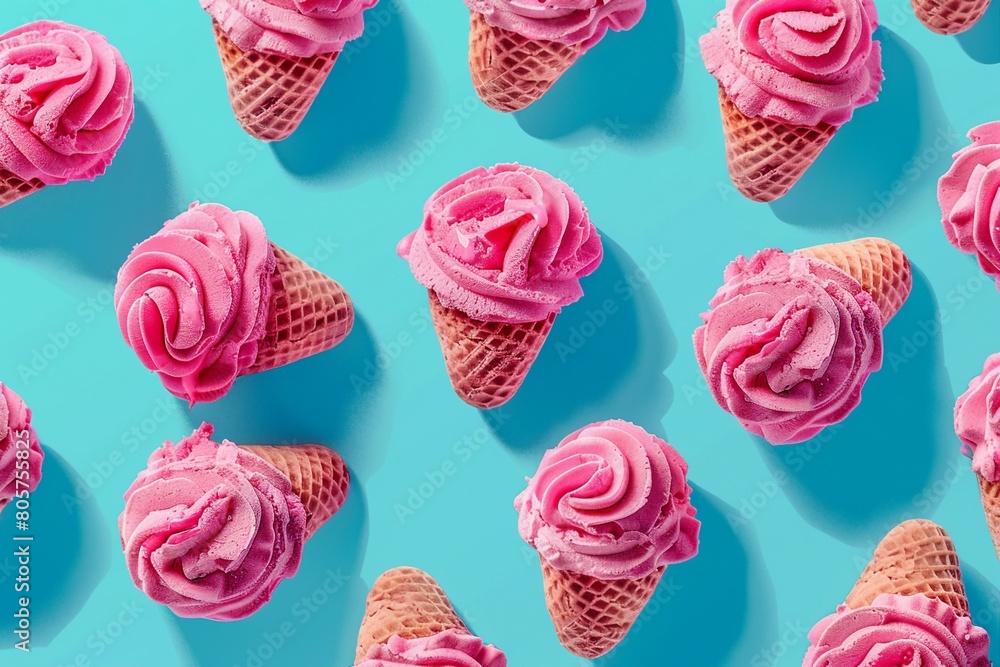 Pink strawberry ice cream pattern on pastel blue background. Summer minimalism. Isometric flat lay. generative ai. Pink strawberry ice cream pattern on pastel blue background. Summer minimalism. Isometric flat lay. generative ai.