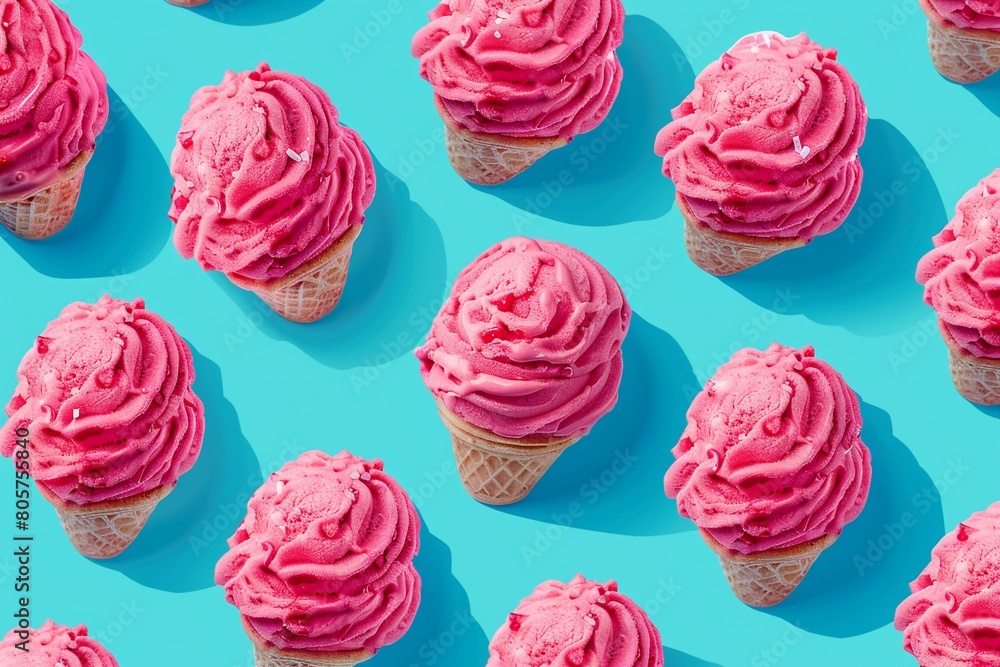 Pink strawberry ice cream pattern on pastel blue background. Summer minimalism. Isometric flat lay. generative ai. Pink strawberry ice cream pattern on pastel blue background. Summer minimalism. Isometric flat lay. generative ai.
