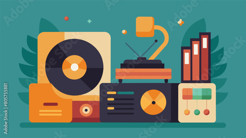 The sound quality of the app has been finetuned to replicate the warm crackling tones of a vintage record player. Vector illustration
