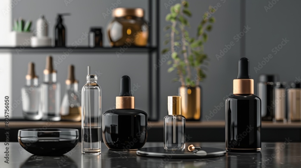 Sophisticated Black Glass Bottles on Modern Vanity Sophisticated Black Glass Bottles on Modern Vanity
