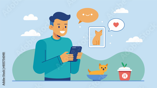 A man smiling as he receives an alert on his phone that his pet has just eaten their dinner thanks to the cloudbased pet feeder he set up.. Vector illustration