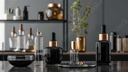 Sophisticated Black Glass Bottles on Modern Vanity
