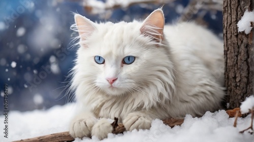 White cat in snow © Naila