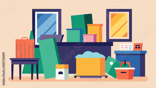 A thrift storeesque shopping experience with bins of used canvases frames and scrap fabric waiting to be transformed into unique works of art.. Vector illustration