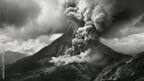 A black and white photo of a volcano with a large plume of smoke rising from it photo