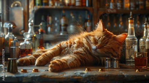 A warm, inviting scene of a sleeping ginger cat on a bar, nestled among assorted bottles and soft lighting that highlights its fur. photo