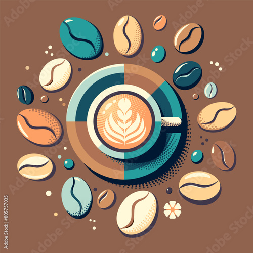 Vector vintage Cartoon Coffee Poster with coffee cup and colorful coffee beans